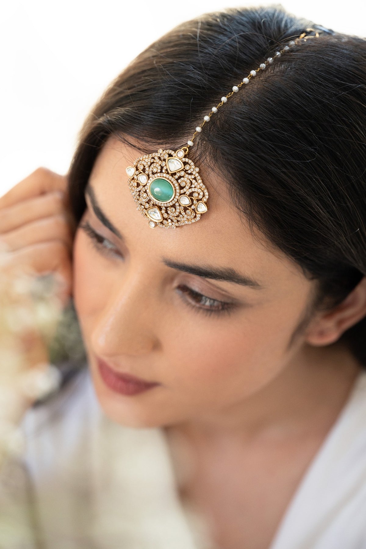 Gold Plated Mint Stone & Cubic Zirconia Maangtikka