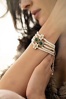 Gold Plated Kundan Polki & Green Gemstone Bracelet