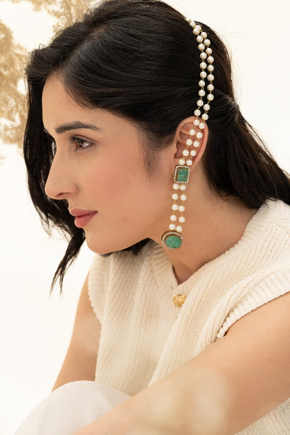 Gold Plated Mint Fluorite Stone & Pearl Dangler Earrings