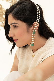 Gold Plated Mint Fluorite Stone & Pearl Dangler Earrings