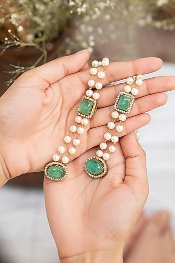 Gold Plated Mint Fluorite Stone & Pearl Dangler Earrings