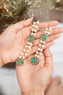 Gold Plated Mint Fluorite Stone & Pearl Dangler Earrings