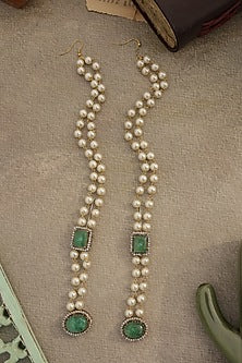 Gold Plated Mint Fluorite Stone & Pearl Dangler Earrings