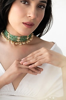 Gold Plated Kundan Polki & Green Onyx Choker Necklace