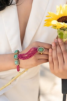 Gold Plated Mint Stone & Pink Hydro Stone Hathphool