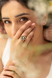Gold Plated Kundan Polki Adjustable Floral Ring