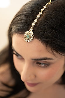 Gold Plated Mint Kundan Polki & Cubic Zirconia Maangtikka