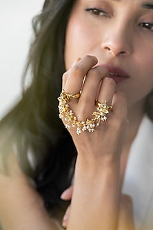 Gold Plated Kundan Polki & Pearl Ring