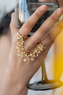 Gold Plated Kundan Polki & Pearl Ring