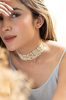 Gold Plated Mint Stone & Pearl Choker Necklace