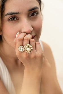 Gold Plated Kundan Polki & Pearl Floral Ring