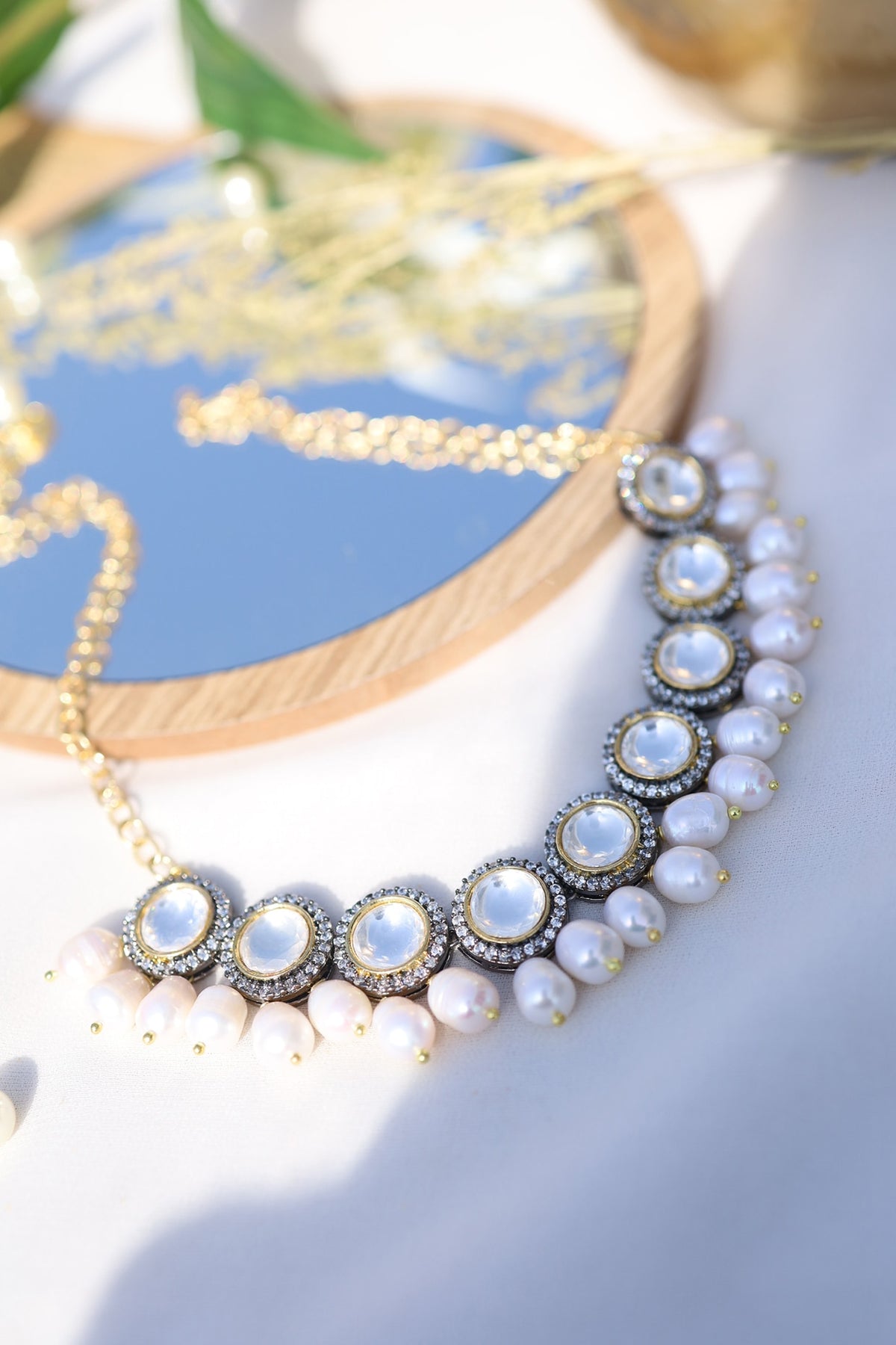 Gold Finish Zircon & Pearl Choker Necklace