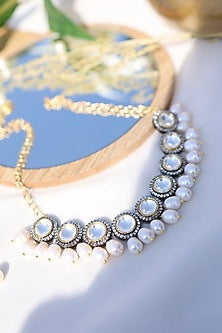 Gold Finish Zircon & Pearl Choker Necklace