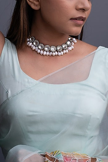 Gold Finish Zircon & Pearl Choker Necklace