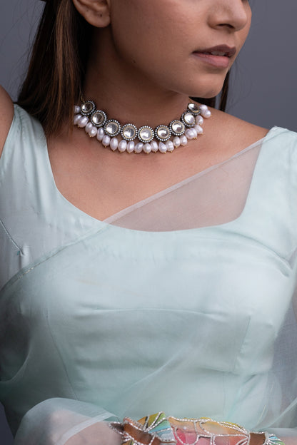 Gold Finish Zircon & Pearl Choker Necklace