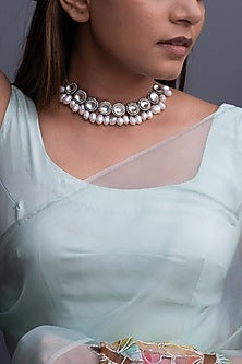 Gold Finish Zircon & Pearl Choker Necklace
