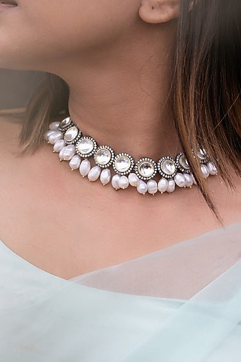 Gold Finish Zircon & Pearl Choker Necklace