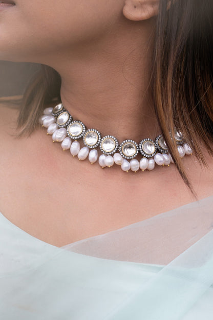 Gold Finish Zircon & Pearl Choker Necklace