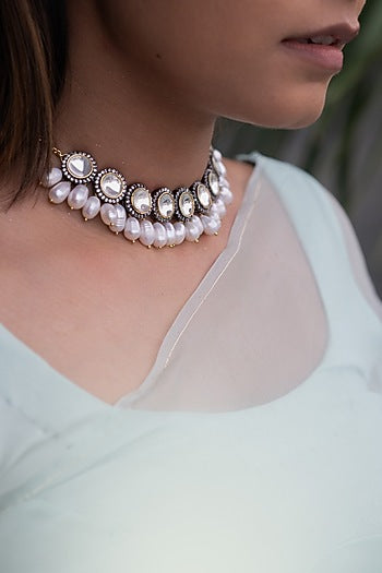Gold Finish Zircon & Pearl Choker Necklace