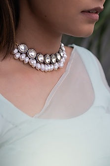 Gold Finish Zircon & Pearl Choker Necklace