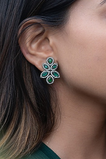 Black Rhodium Plated Emerald Green Cubic Zirconia Stud Earrings