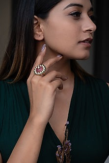 Gold Plated Kundan Polki & Natural Stone Ring
