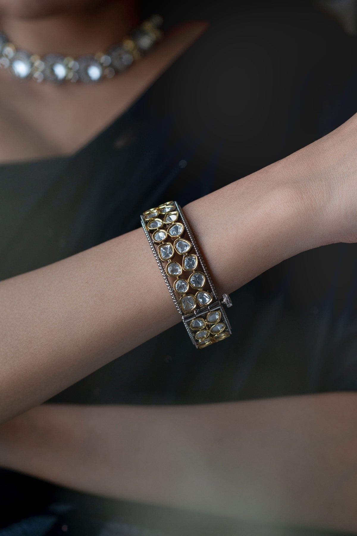 Black Rhodium Finish Kundan Polki Bangle