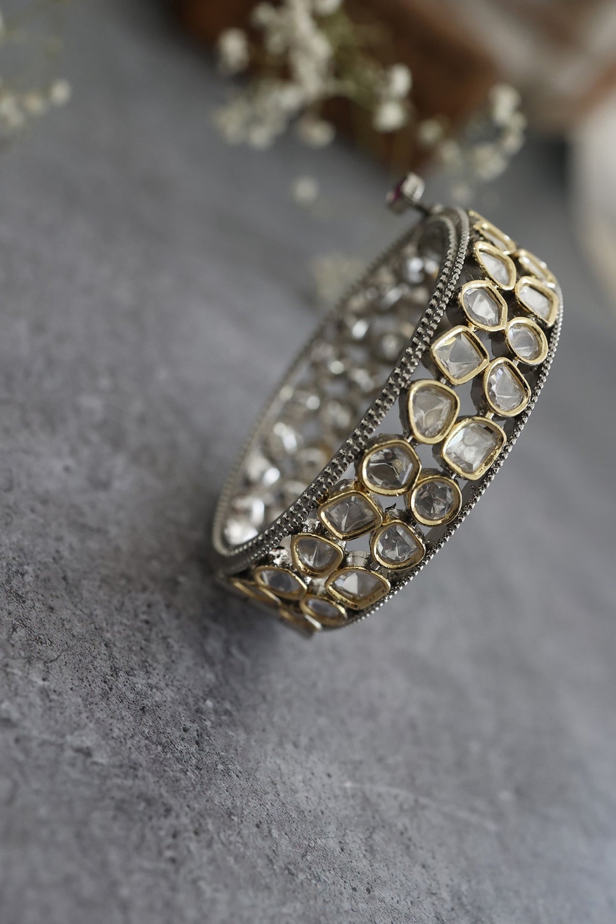 Black Rhodium Finish Kundan Polki Bangle
