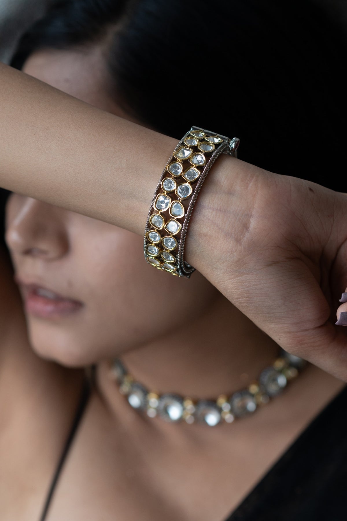 Black Rhodium Finish Kundan Polki Bangle