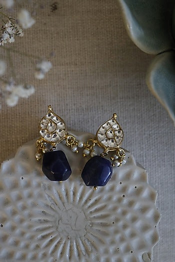 Gold Finish Agate & Kundan Polki Dangler Earrings