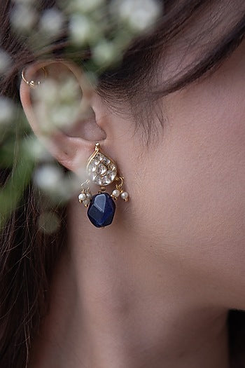Gold Finish Agate & Kundan Polki Dangler Earrings