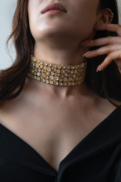 Gold Finish Kundan Polki Choker Necklace