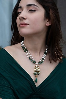 Gold Plated Kundan & Green Natural Stone Necklace