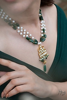 Gold Plated Kundan & Green Natural Stone Necklace