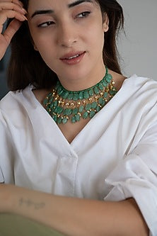 Gold Plated Kundan & Mint Natural Stone Choker Necklace