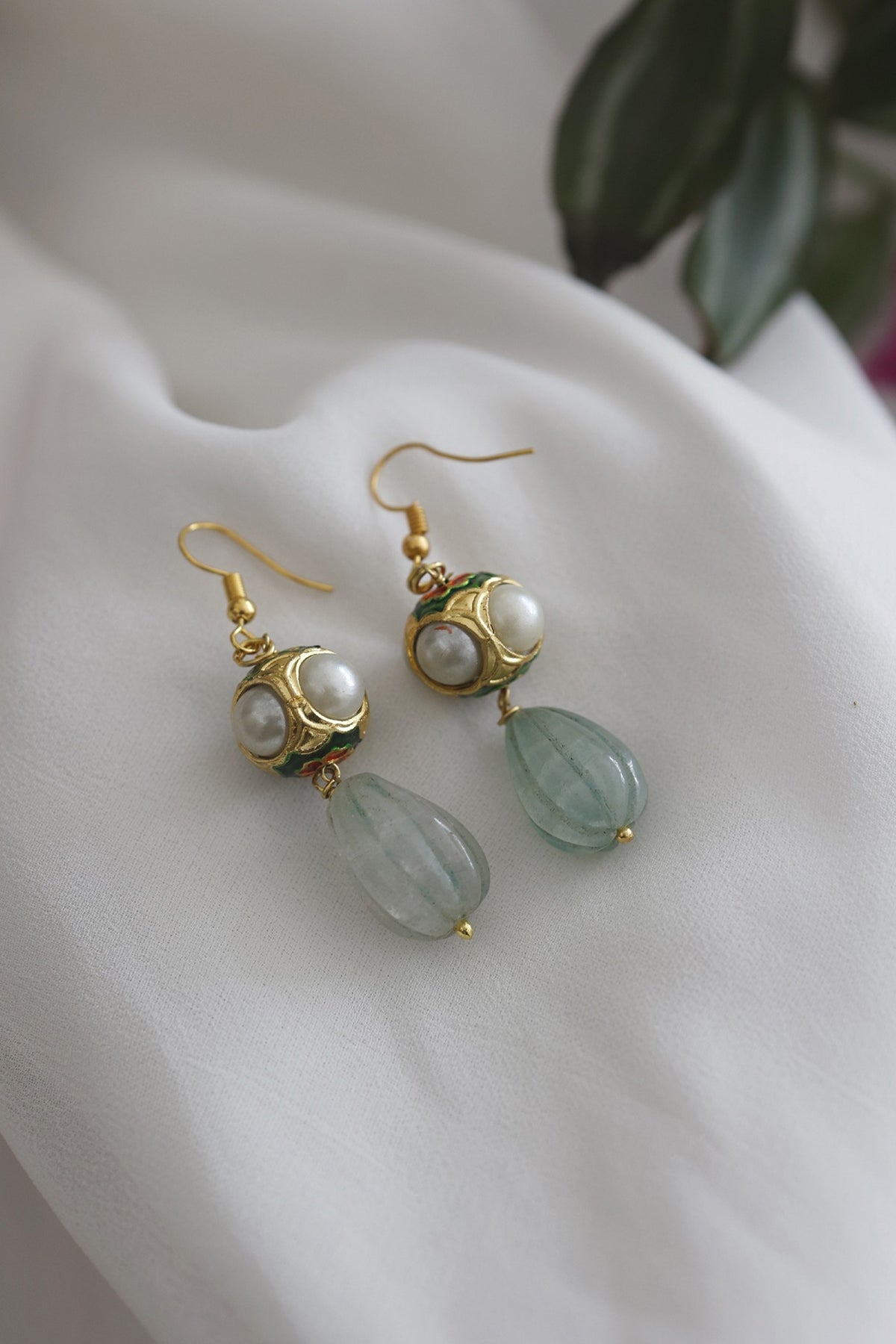 Gold Plated Pearl & Mint Stone Earrings