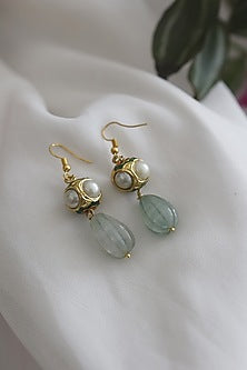 Gold Plated Pearl & Mint Stone Earrings