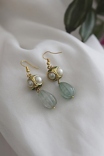 Gold Plated Pearl & Mint Stone Earrings