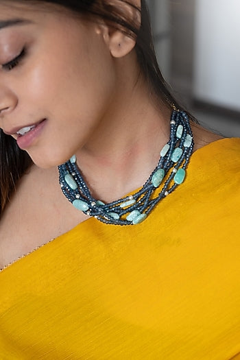 Gold Plated Blue Onyx & Agate Choker Necklace