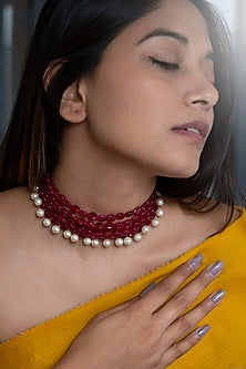 Gold Plated Red Natural Stone & Pearl Choker Necklace