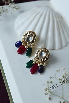 Gold Plated Kundan Polki & Multi-Colored Natural Stone Earrings