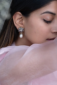 Rhodium Plated Silver Polki & Pearl Floral Earrings