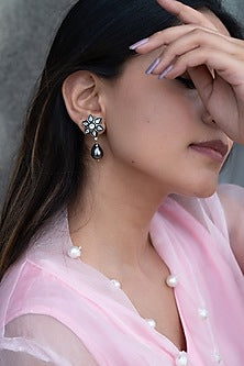 Rhodium Plated Grey Polki & Pearl Floral Earrings