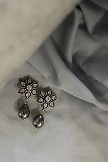 Rhodium Plated Grey Polki & Pearl Floral Earrings