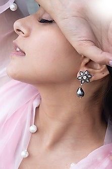 Rhodium Plated Grey Polki & Pearl Floral Earrings