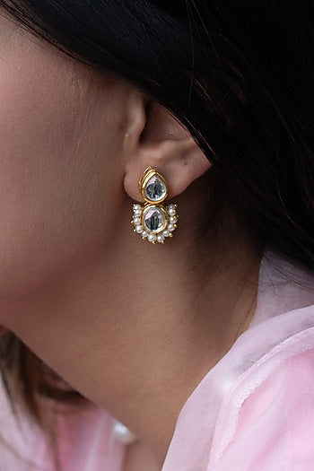 Gold Plated Kundan Polki & Pearl Earrings