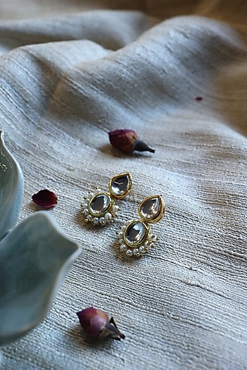 Gold Plated Kundan Polki & Pearl Earrings