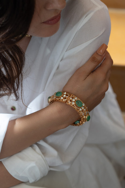 Gold Plated Polki & Mint Green Natural Stone Bangle