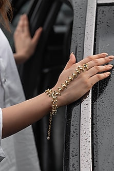 Gold Plated Kundan Polki & Green Onyx Hathphool