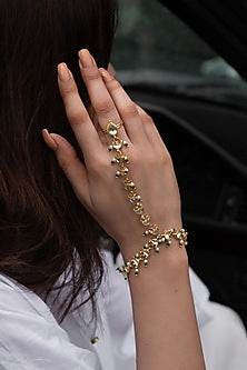 Gold Plated Kundan Polki & Green Onyx Hathphool